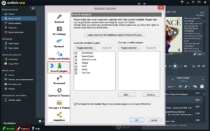 To do this, click on "Options" in the bottom-left of the Audials One window and then select the menu option "Search plugins".
