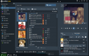 All available albums for the artist will be listed on the left of the screen. Click on the one you want and the search results for all songs from different music portals will appear to the right. Double clicking on individual songs allows you to listen to them and you can decide which version you want to download.